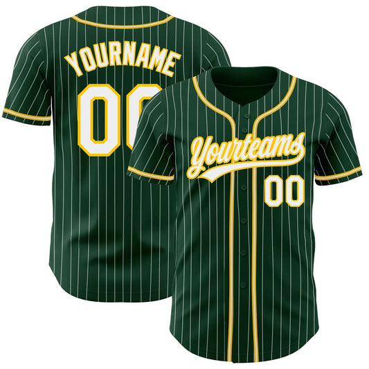 Custom Green White Pinstripe White-Gold Authentic Baseball Jersey - Main View