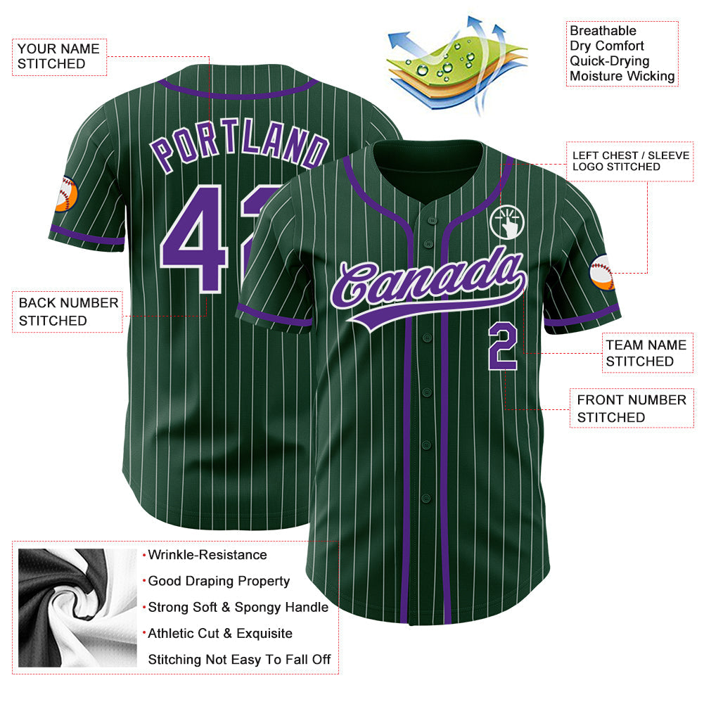 Custom Green White Pinstripe Purple Authentic Baseball Jersey view 3