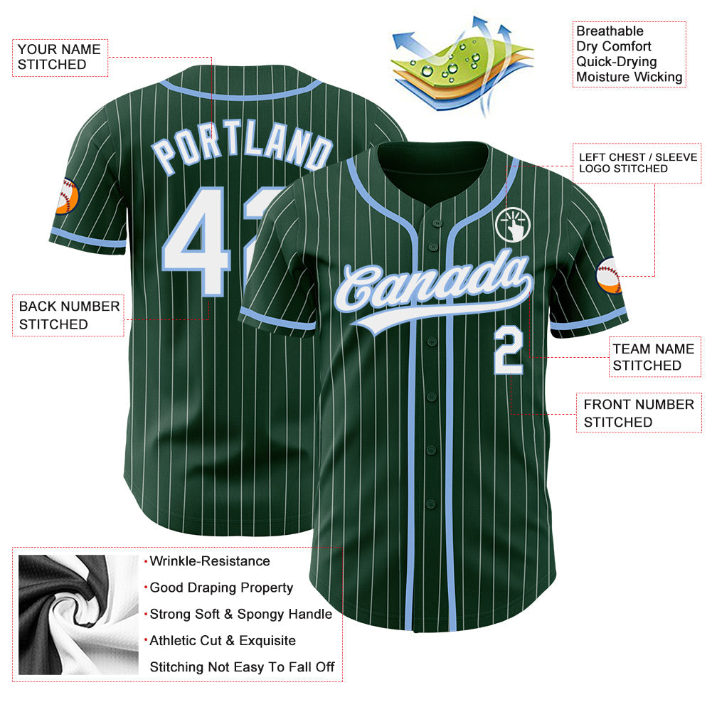 Custom Green White Pinstripe Light Blue Authentic Baseball Jersey view 3