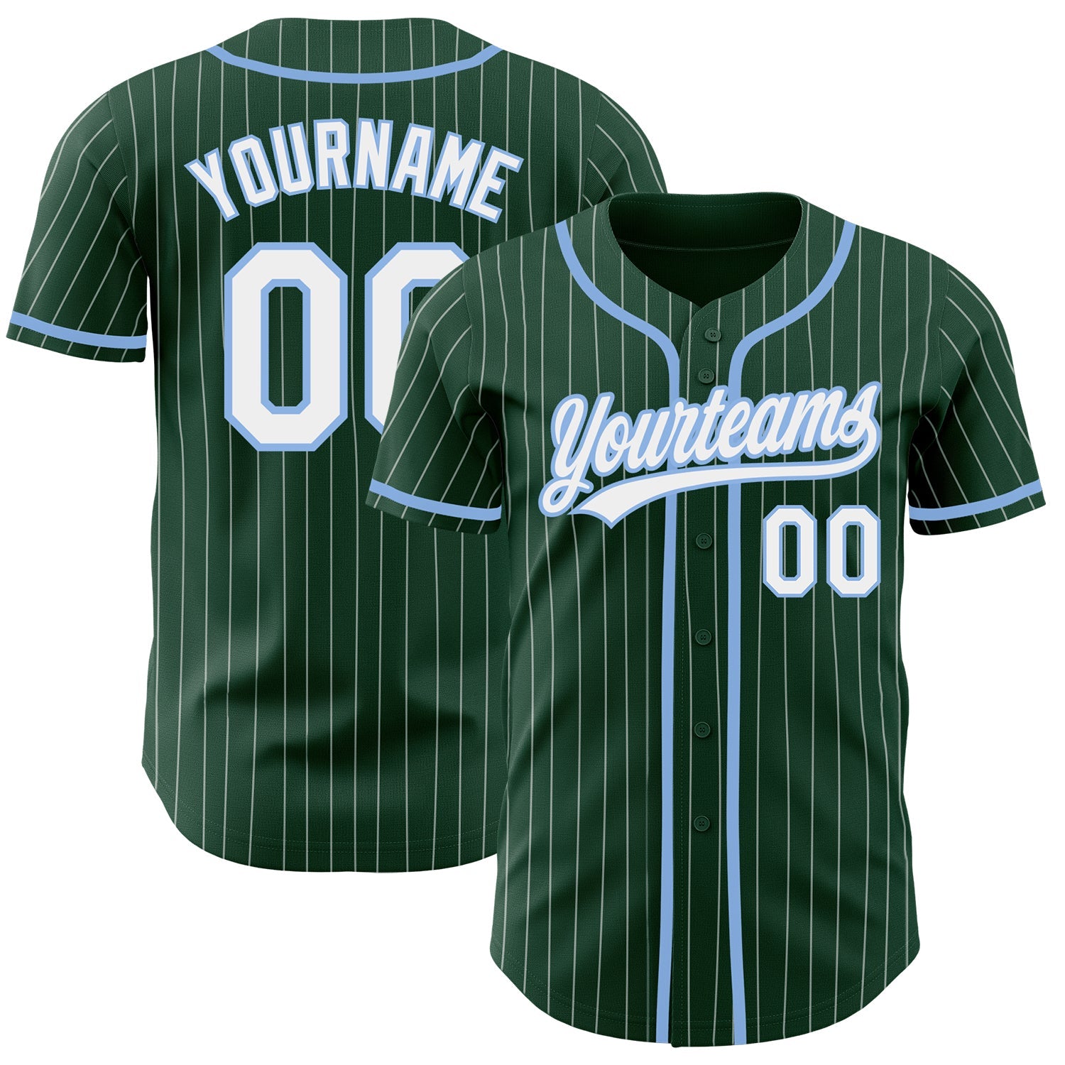 Custom Green White Pinstripe Light Blue Authentic Baseball Jersey - Main View