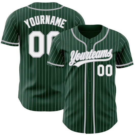 Custom Green White Pinstripe Gray Authentic Baseball Jersey - Main View