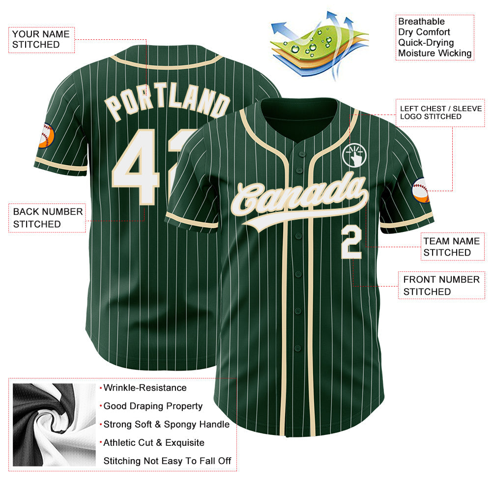 Custom Green White Pinstripe City Cream Authentic Baseball Jersey view 3