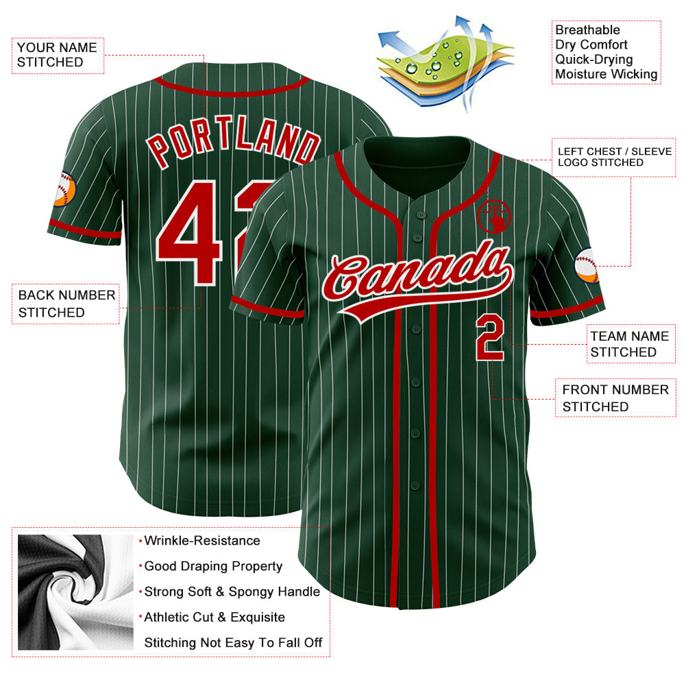 Custom Green White Pinstripe Red Authentic Baseball Jersey view 3