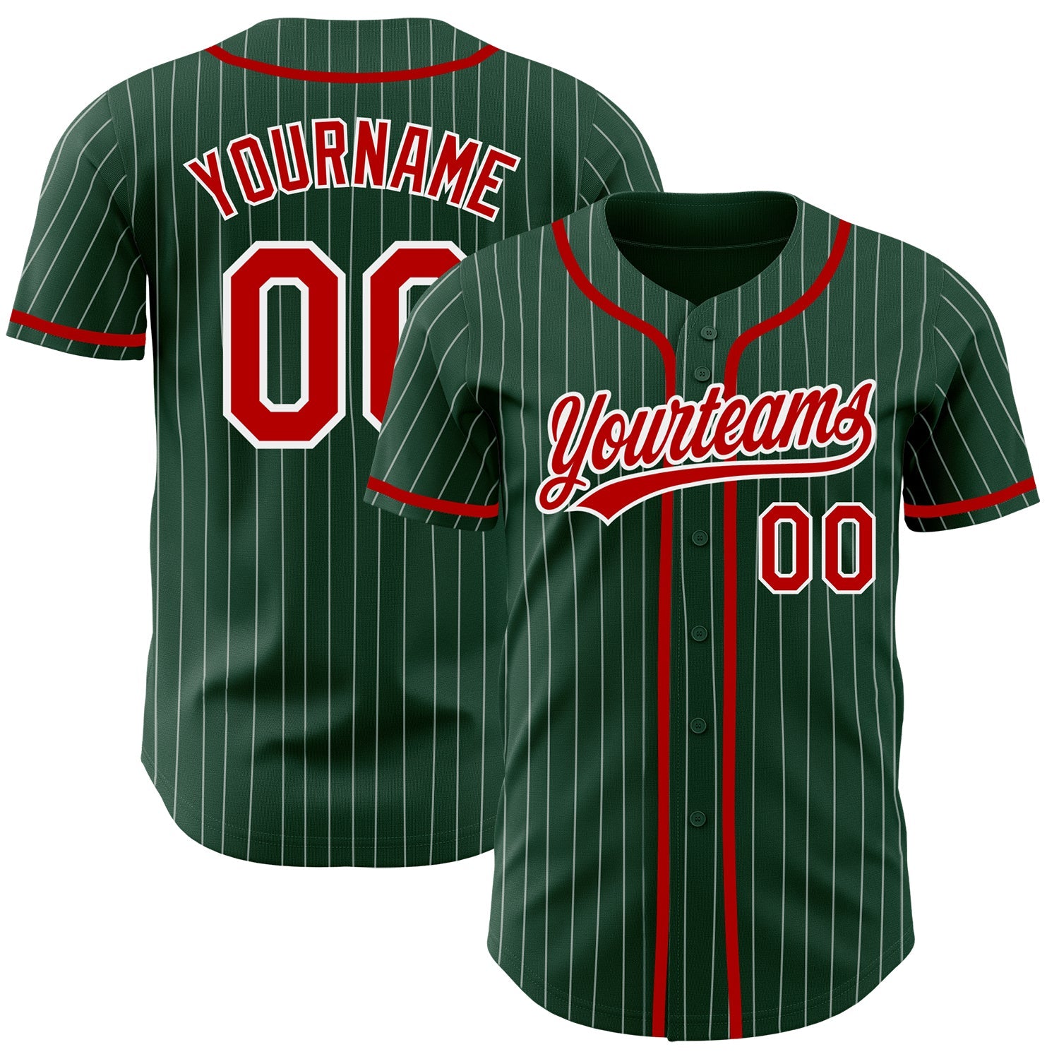 Custom Green White Pinstripe Red Authentic Baseball Jersey - Main View
