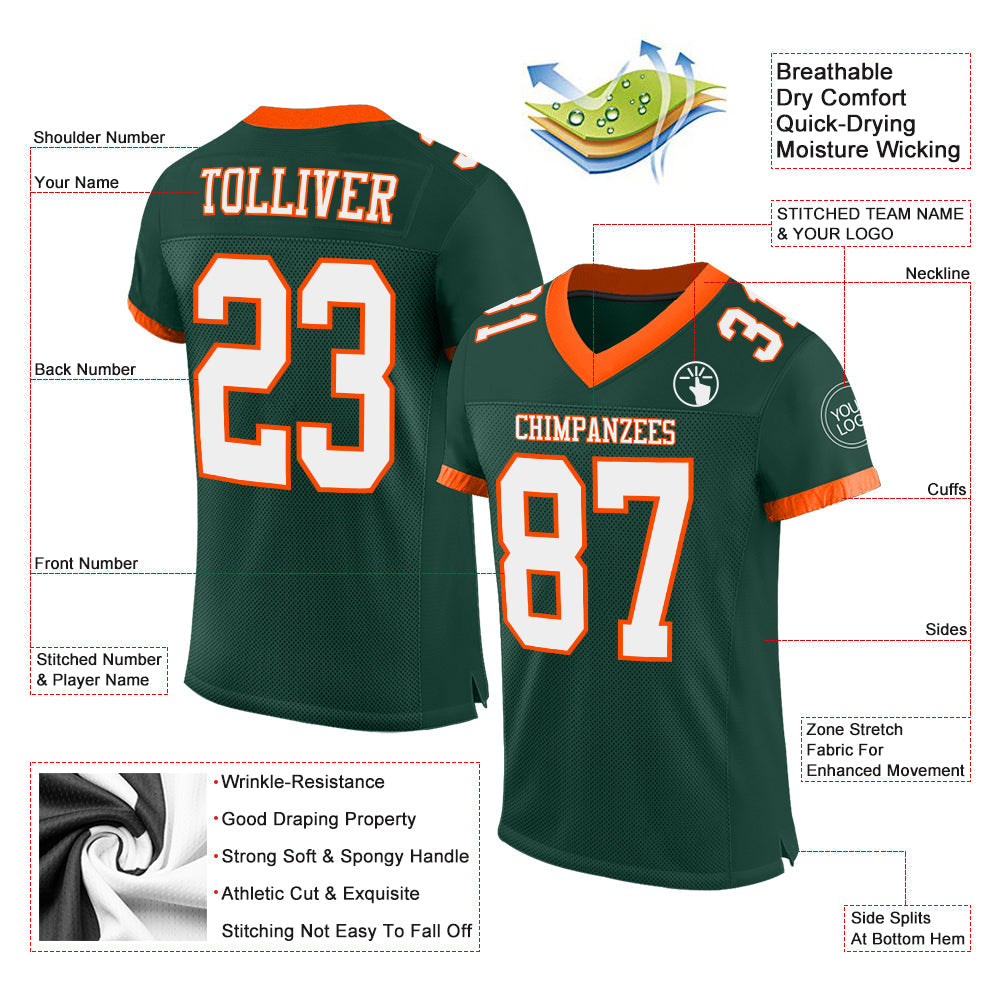 Custom Green White-Orange Mesh Authentic Football Jersey view 2