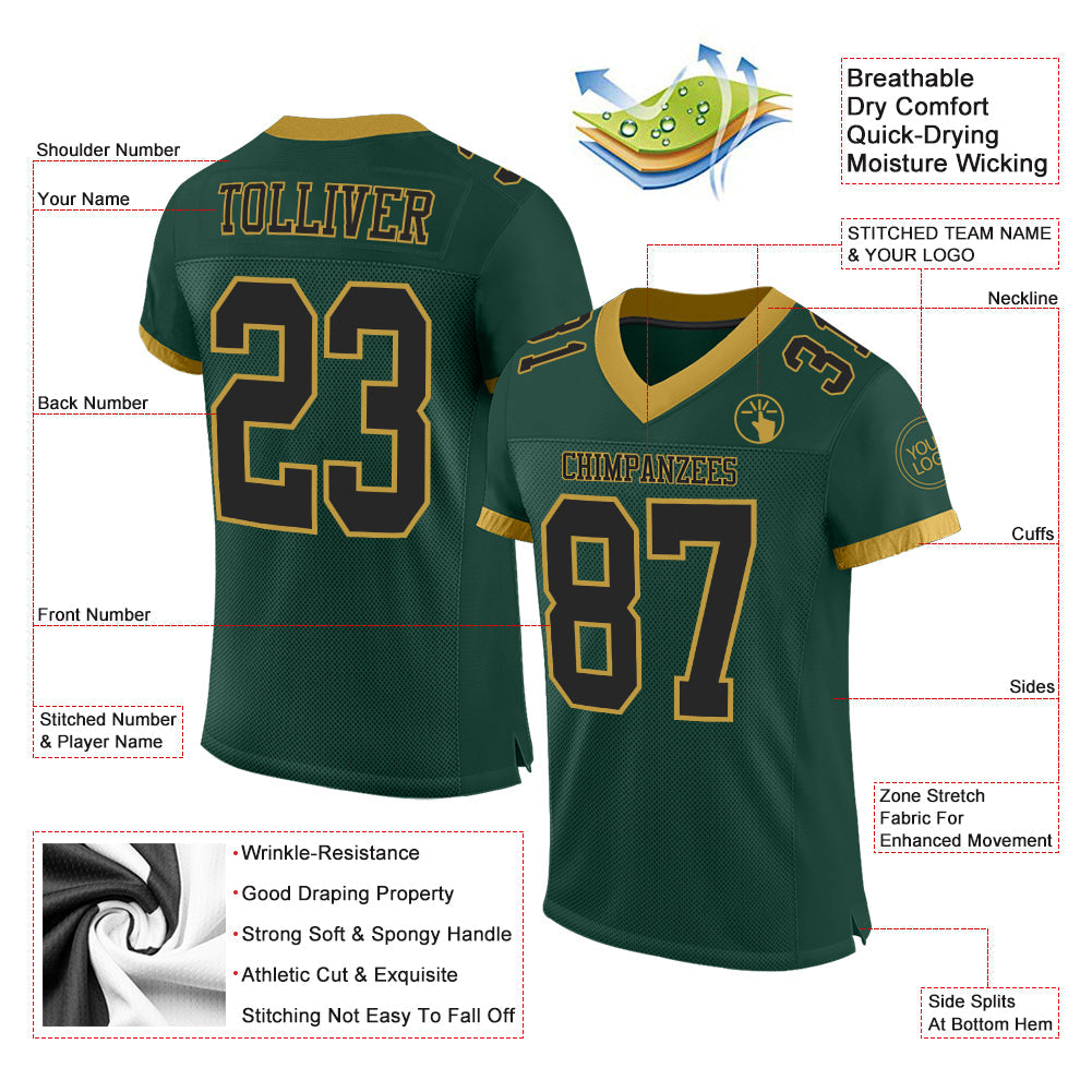 Custom Green Black-Old Gold Mesh Authentic Football Jersey view 2