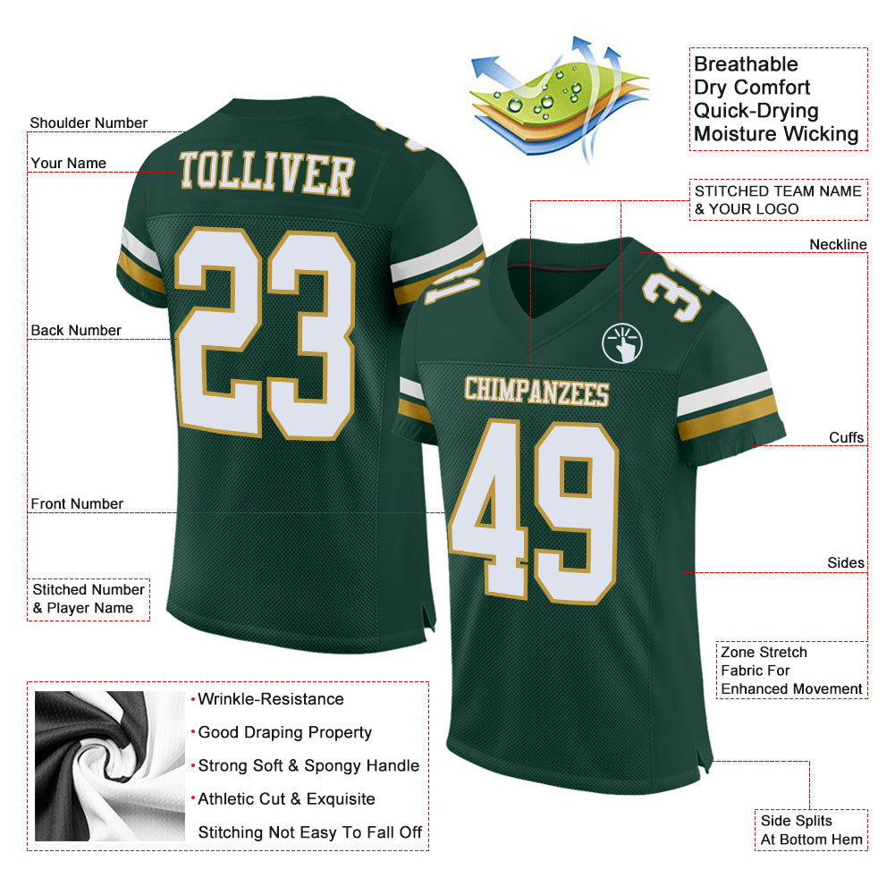 Custom Green White-Old Gold Mesh Authentic Football Jersey view 2