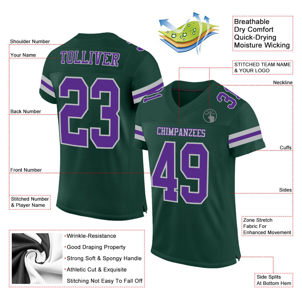 Custom Green Purple-Gray Mesh Authentic Football Jersey view 2