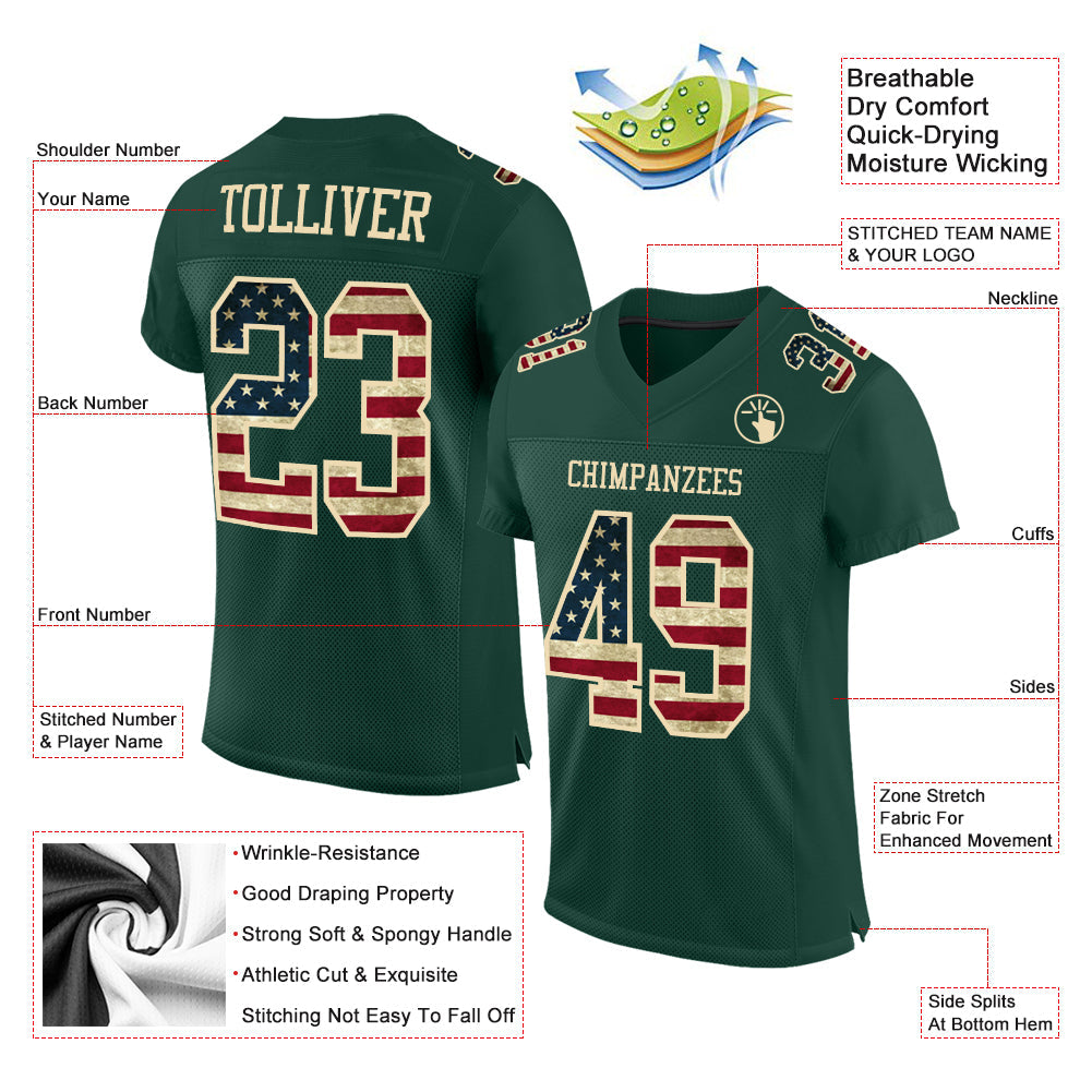 Custom Green Vintage USA Flag-City Cream Mesh Authentic Football Jersey view 2