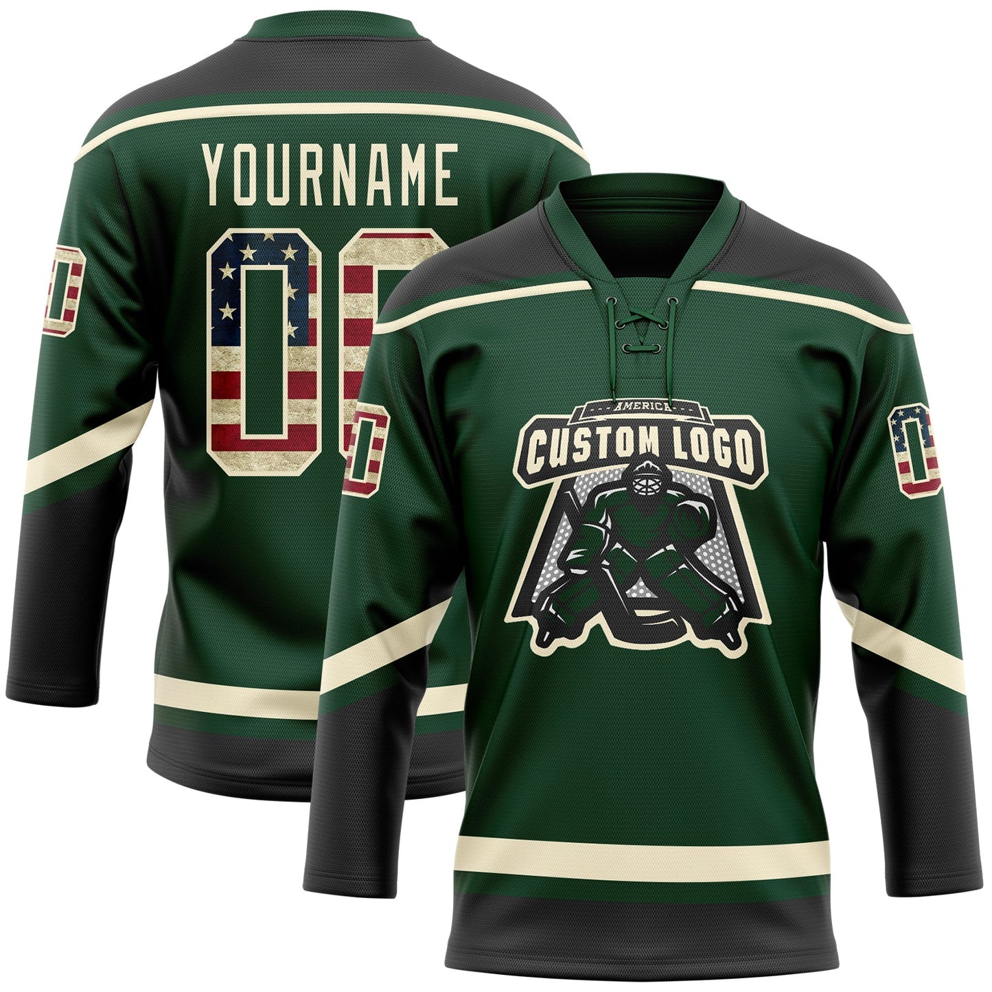 Custom Green Vintage USA Flag Black-Cream Hockey Lace Neck Jersey view 2