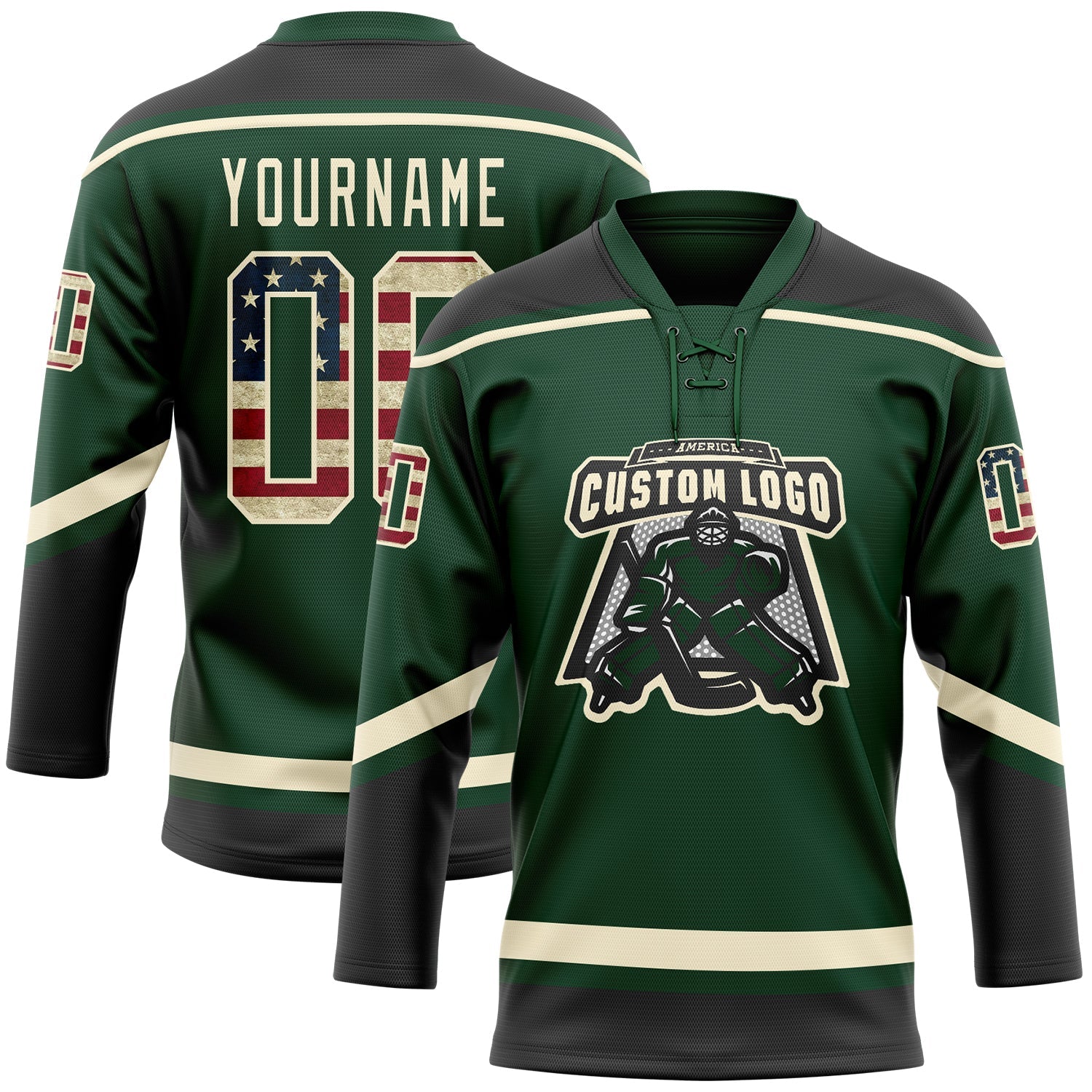 Custom Green Vintage USA Flag Black-Cream Hockey Lace Neck Jersey view 2