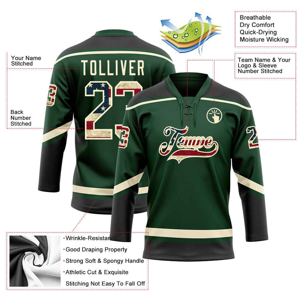 Custom Green Vintage USA Flag Black-Cream Hockey Lace Neck Jersey view 3