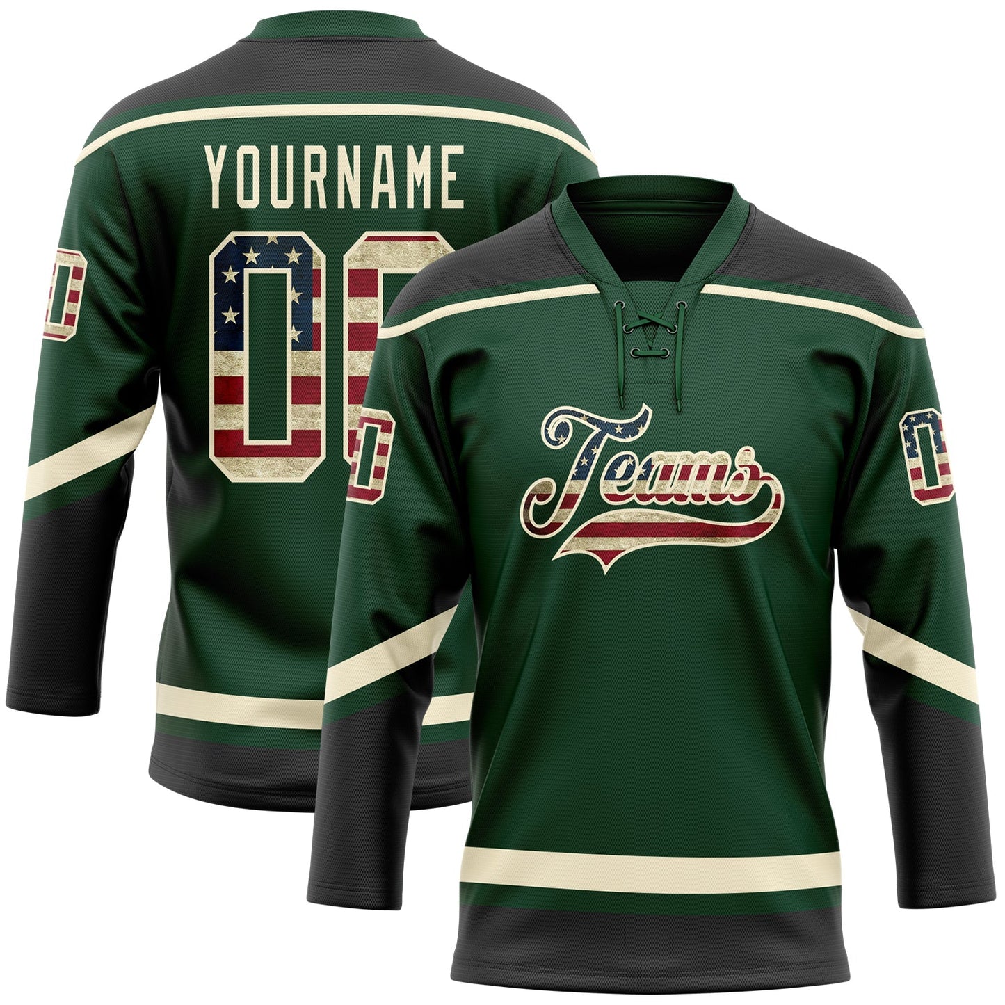 Custom Green Vintage USA Flag Black-Cream Hockey Lace Neck Jersey - Main View