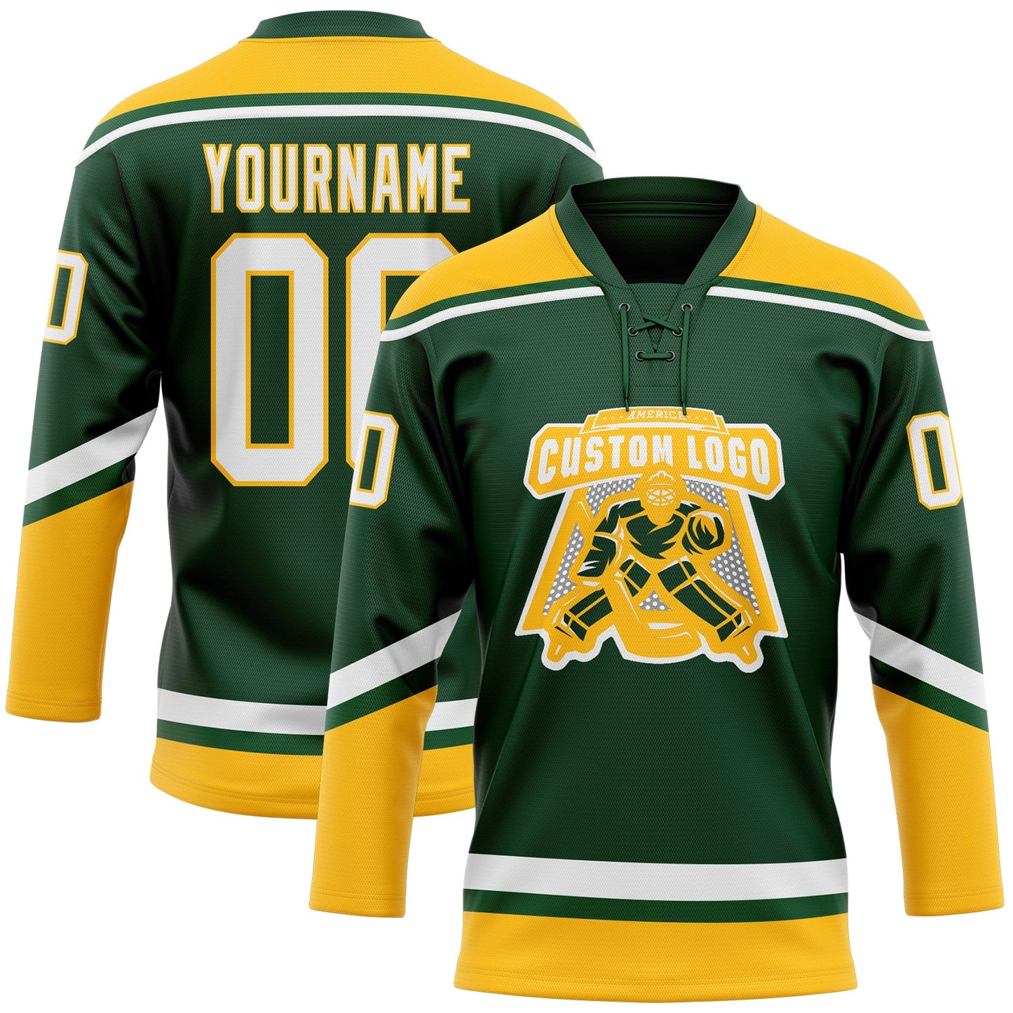 Custom Green White-Gold Hockey Lace Neck Jersey view 2