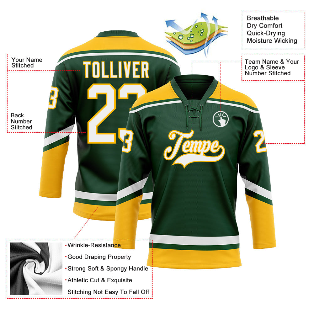 Custom Green White-Gold Hockey Lace Neck Jersey view 3