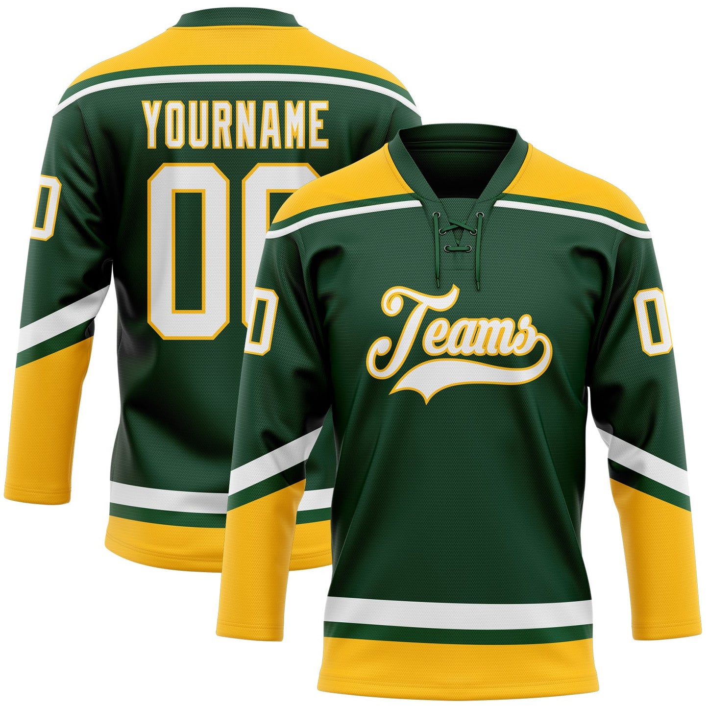 Custom Green White-Gold Hockey Lace Neck Jersey - Main View