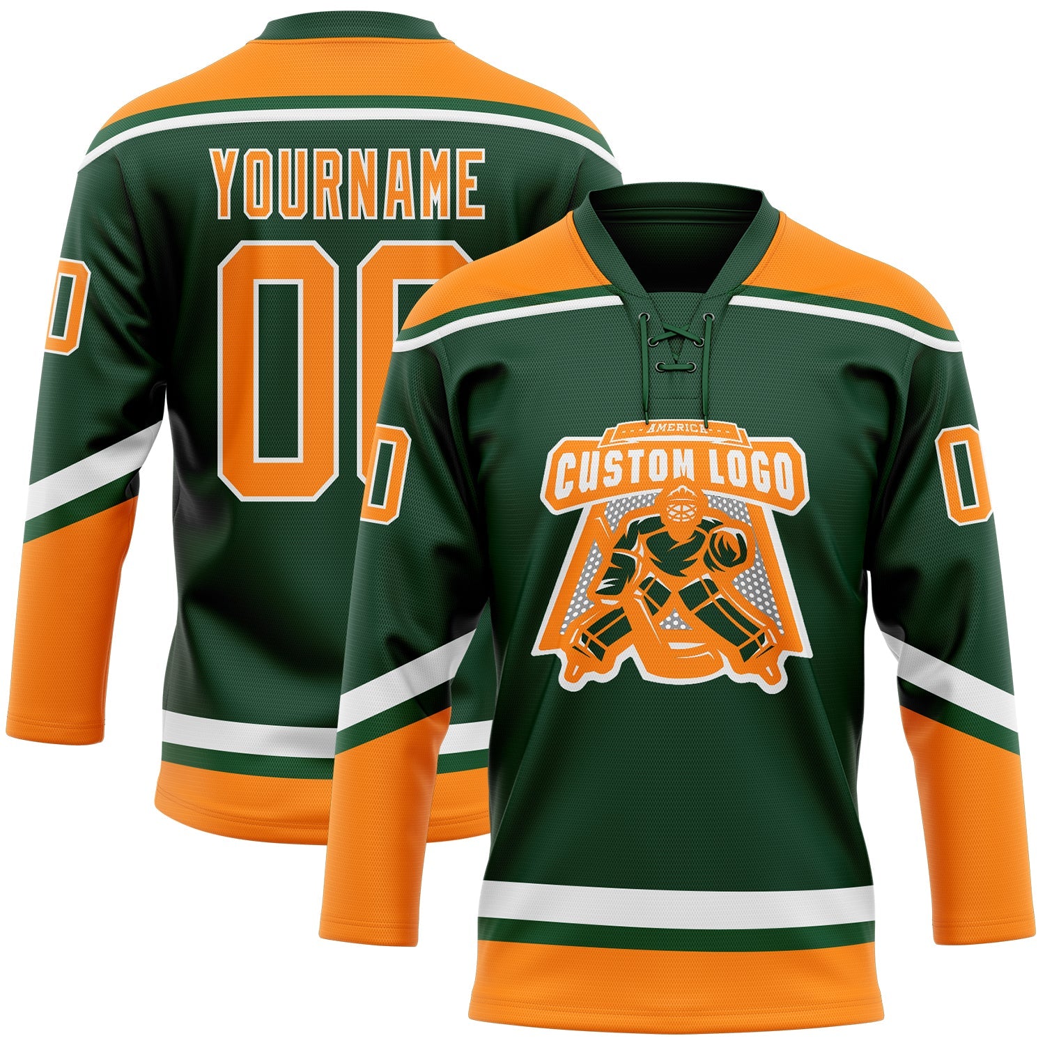 Custom Green Bay Orange-White Hockey Lace Neck Jersey view 2