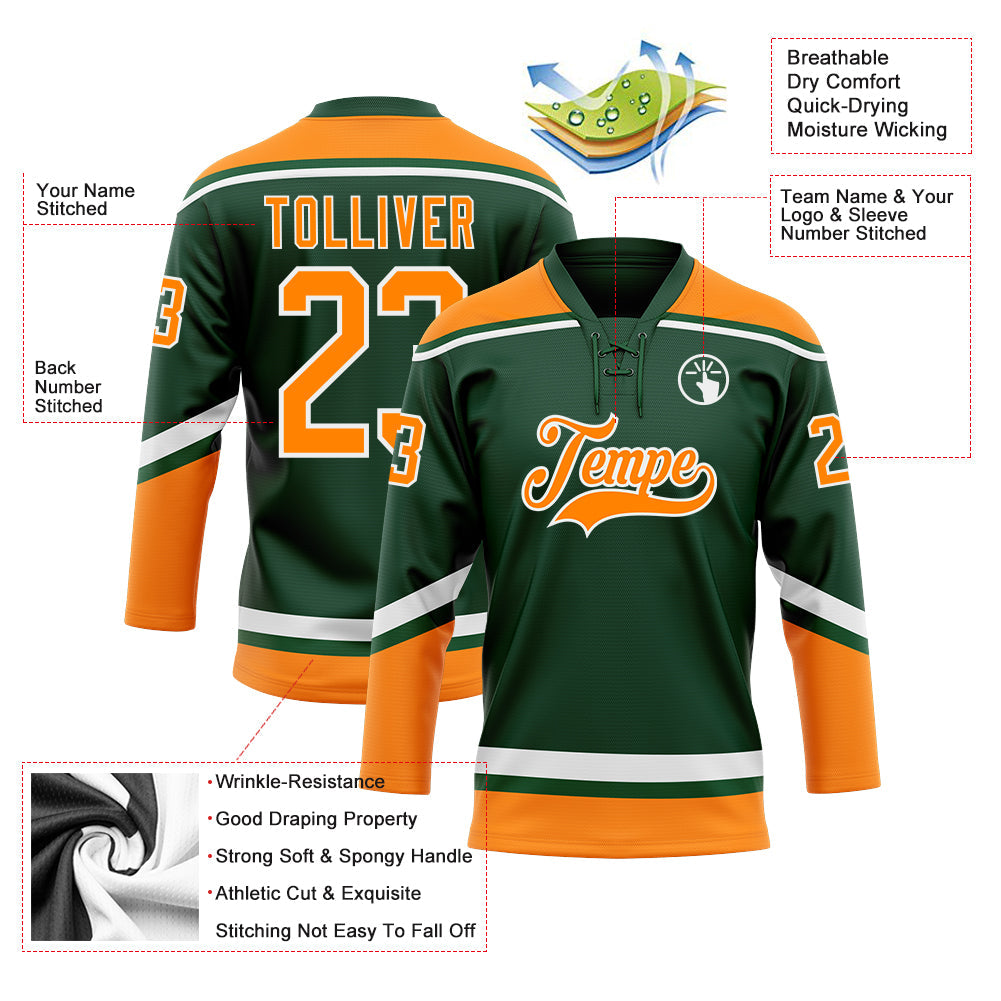 Custom Green Bay Orange-White Hockey Lace Neck Jersey view 3
