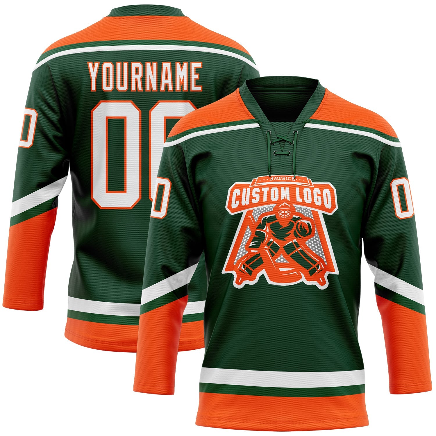 Custom Green White-Orange Hockey Lace Neck Jersey view 2