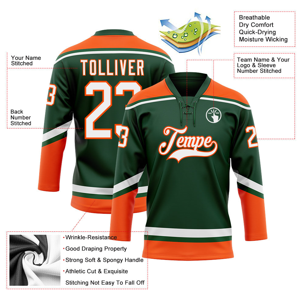 Custom Green White-Orange Hockey Lace Neck Jersey view 3