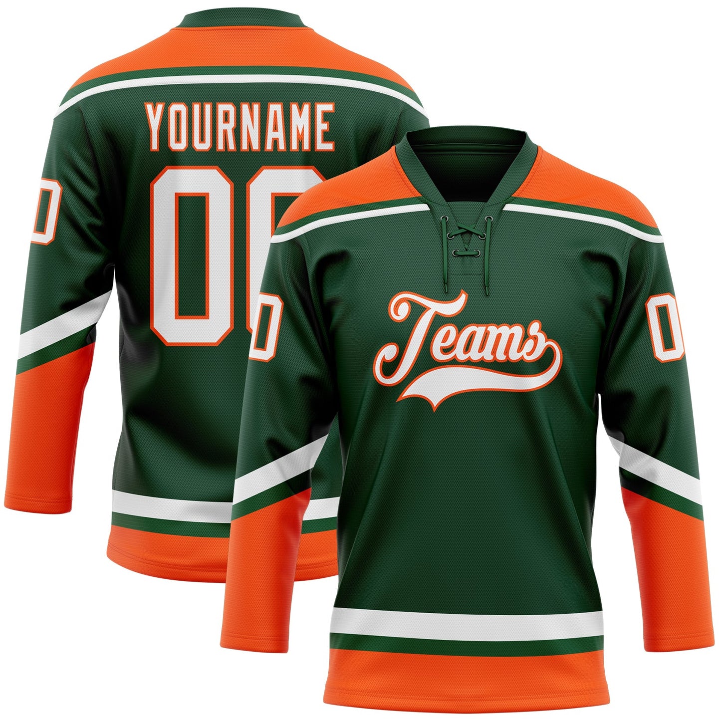 Custom Green White-Orange Hockey Lace Neck Jersey - Main View
