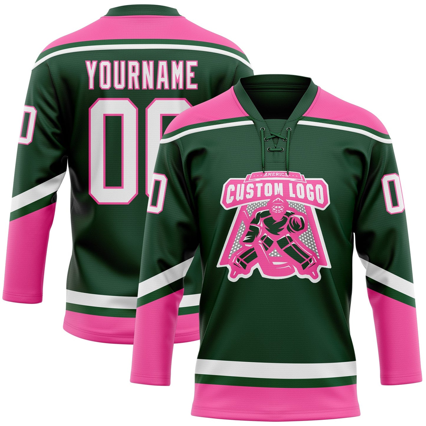 Custom Green White-Pink Hockey Lace Neck Jersey view 2