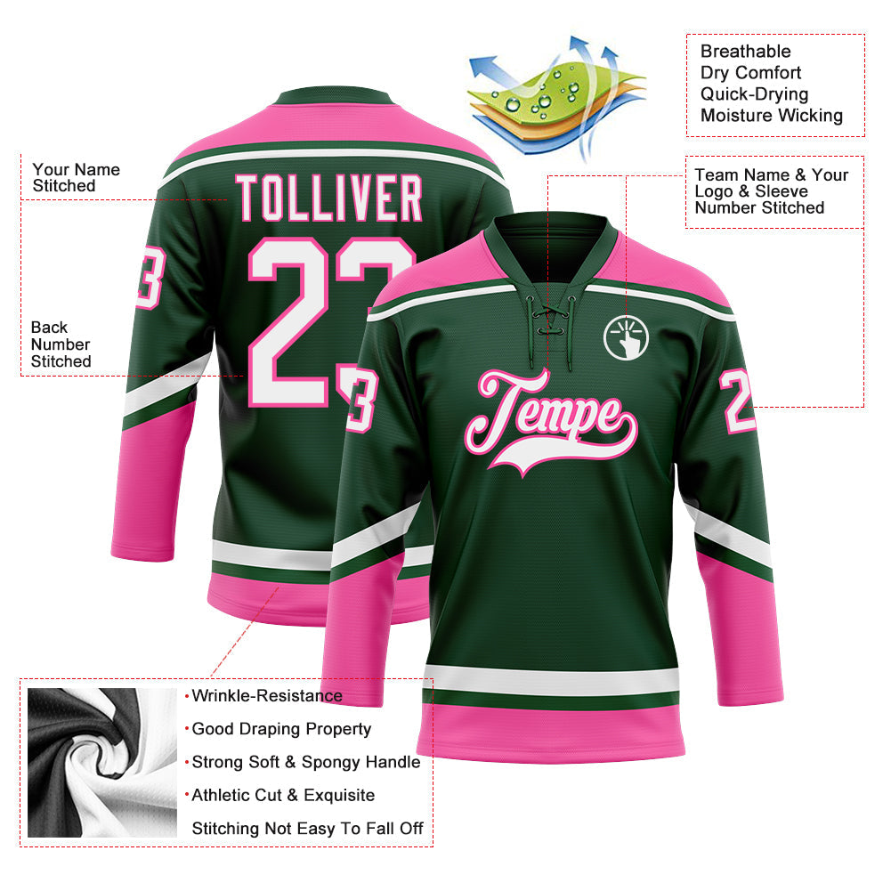 Custom Green White-Pink Hockey Lace Neck Jersey view 3