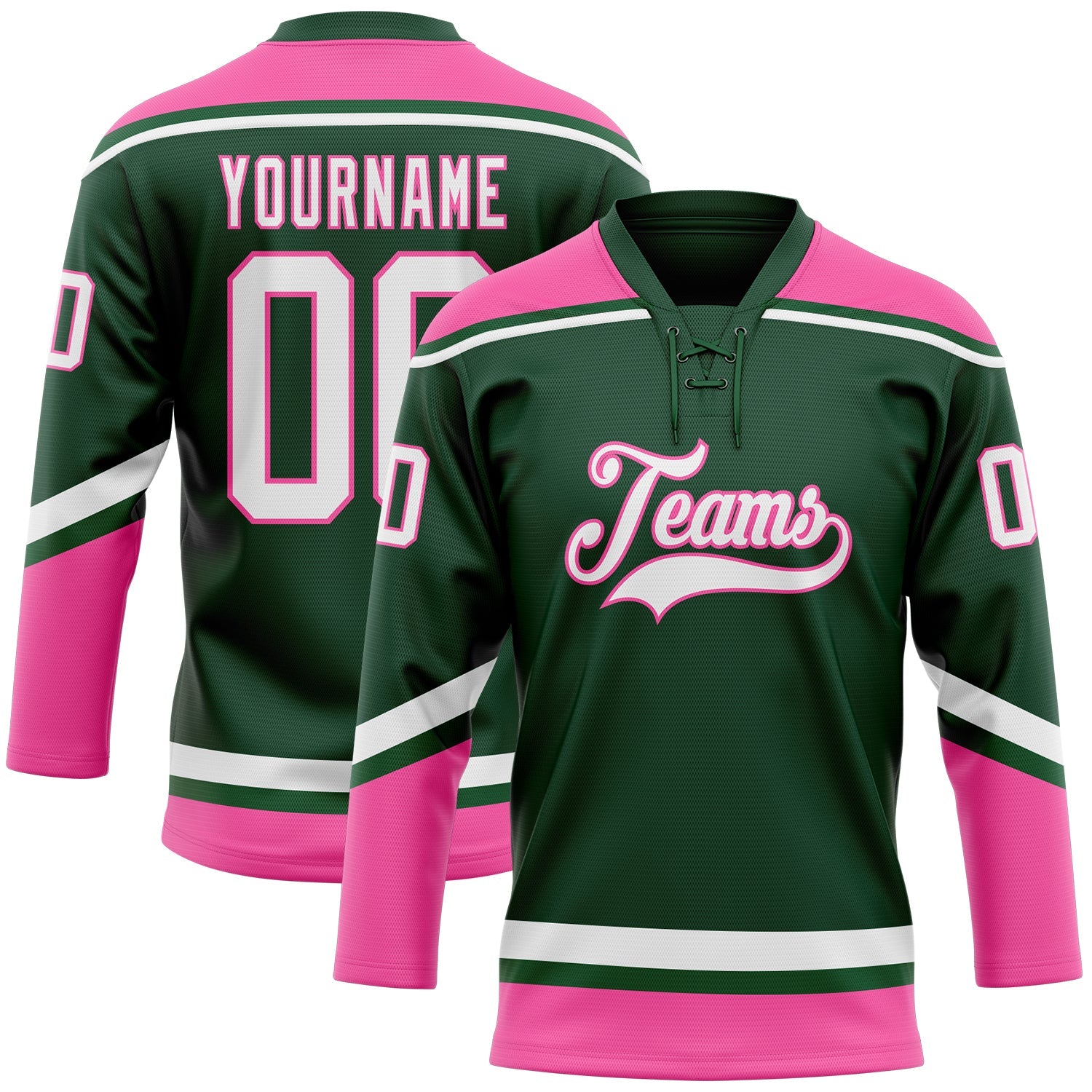 Custom Green White-Pink Hockey Lace Neck Jersey - Main View