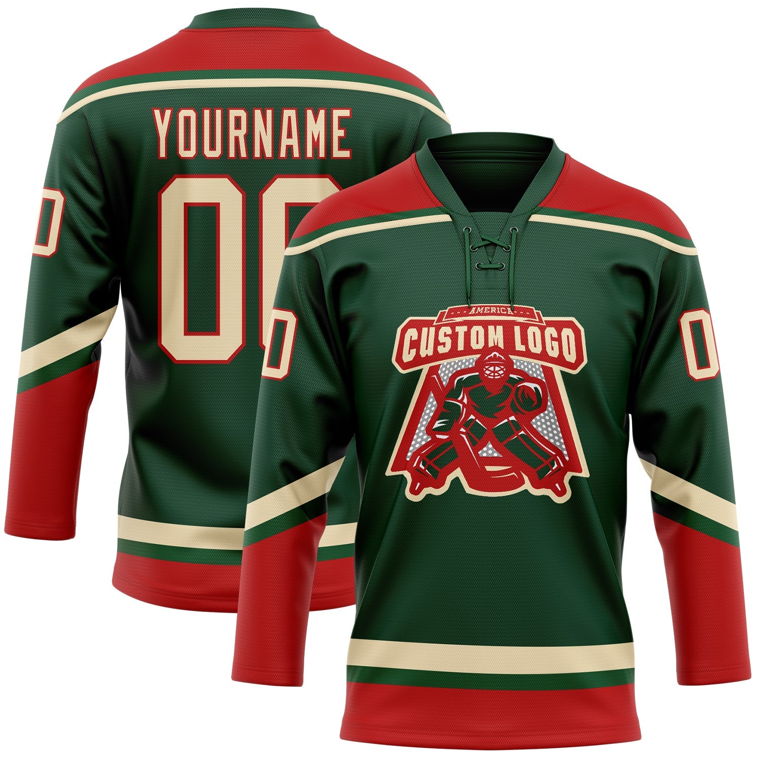 Custom Green City Cream-Red Hockey Lace Neck Jersey view 2