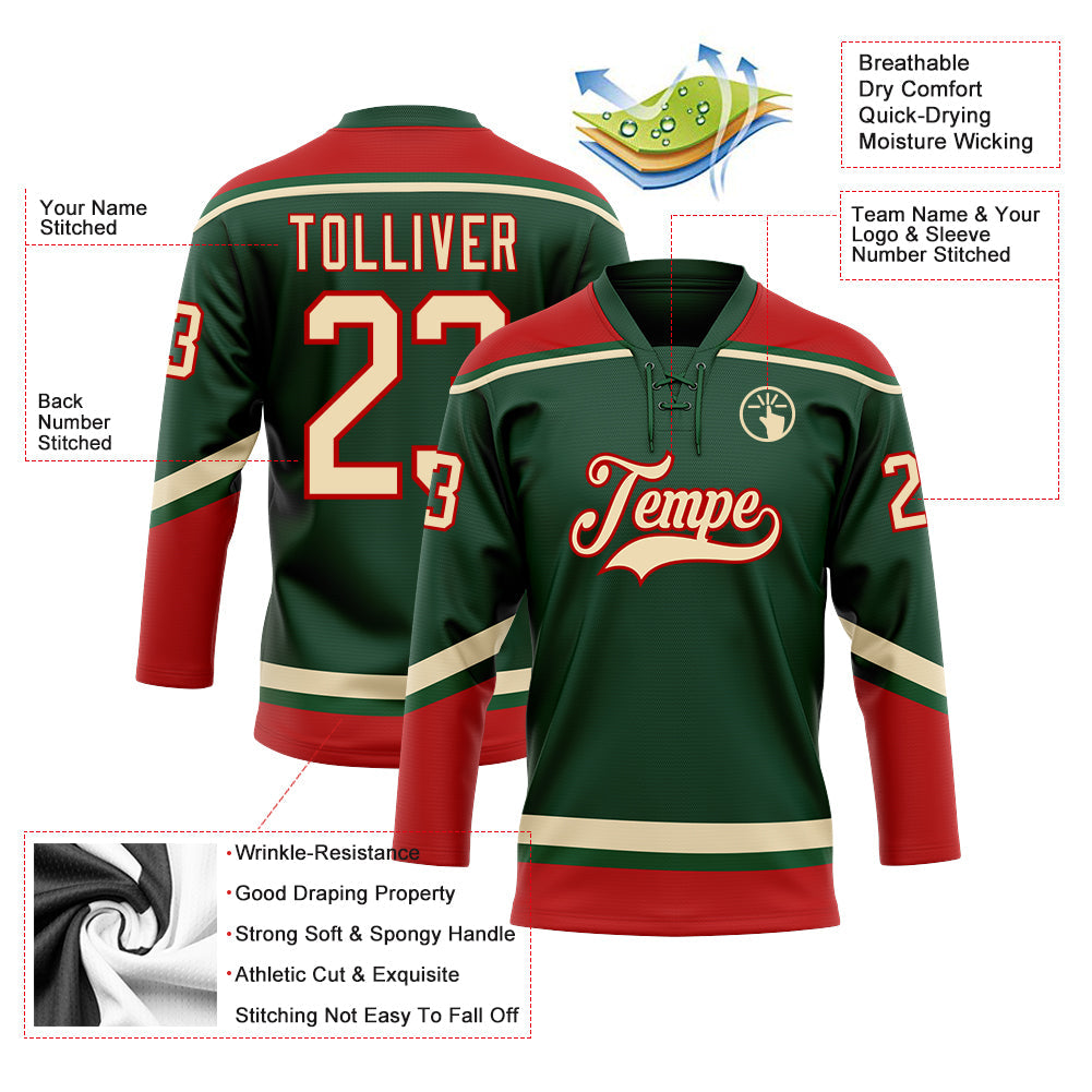 Custom Green City Cream-Red Hockey Lace Neck Jersey view 3