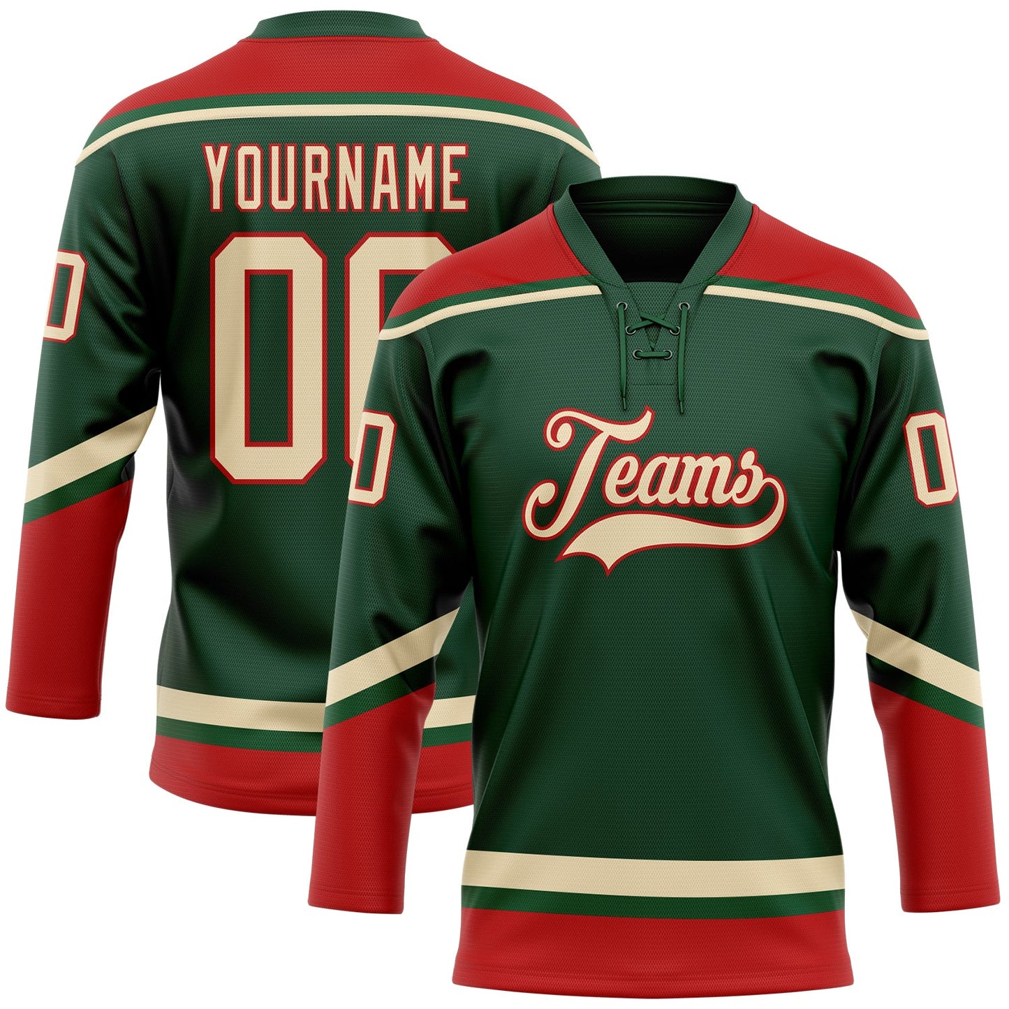 Custom Green City Cream-Red Hockey Lace Neck Jersey - Main View