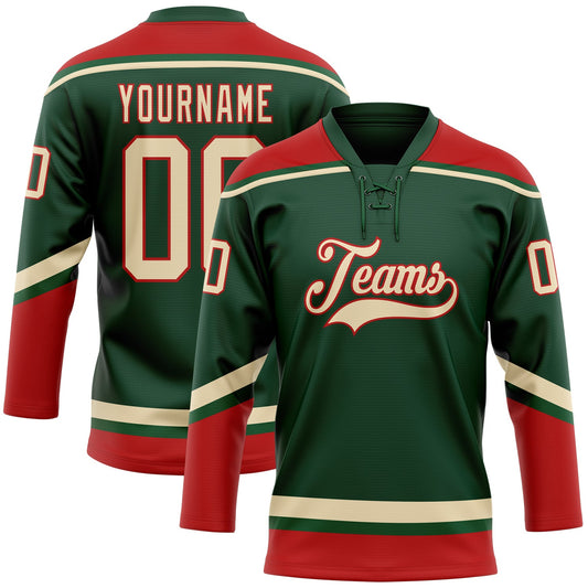 Custom Green City Cream-Red Hockey Lace Neck Jersey - Main View