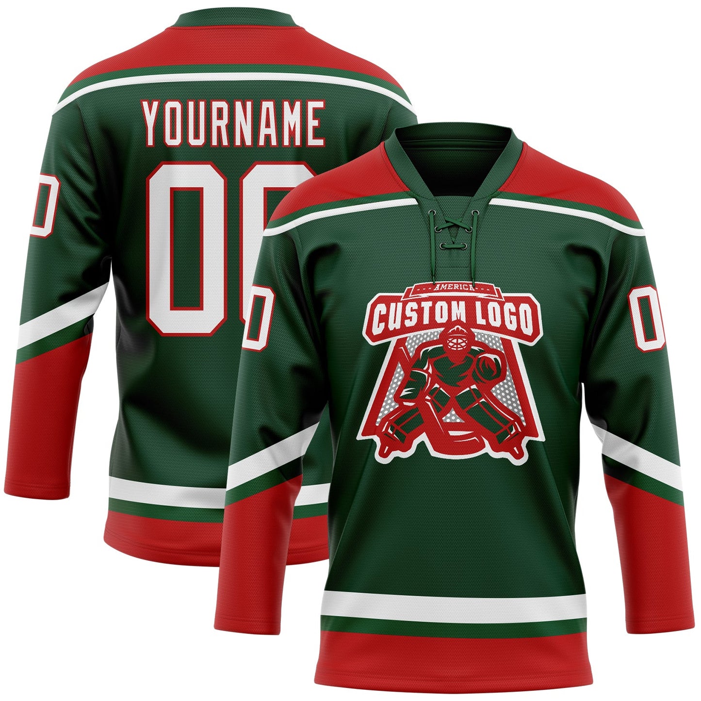 Custom Green White-Red Hockey Lace Neck Jersey view 3