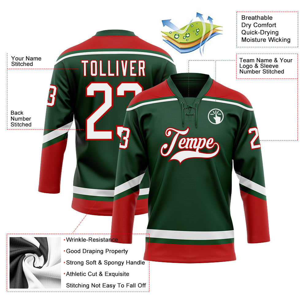 Custom Green White-Red Hockey Lace Neck Jersey view 4