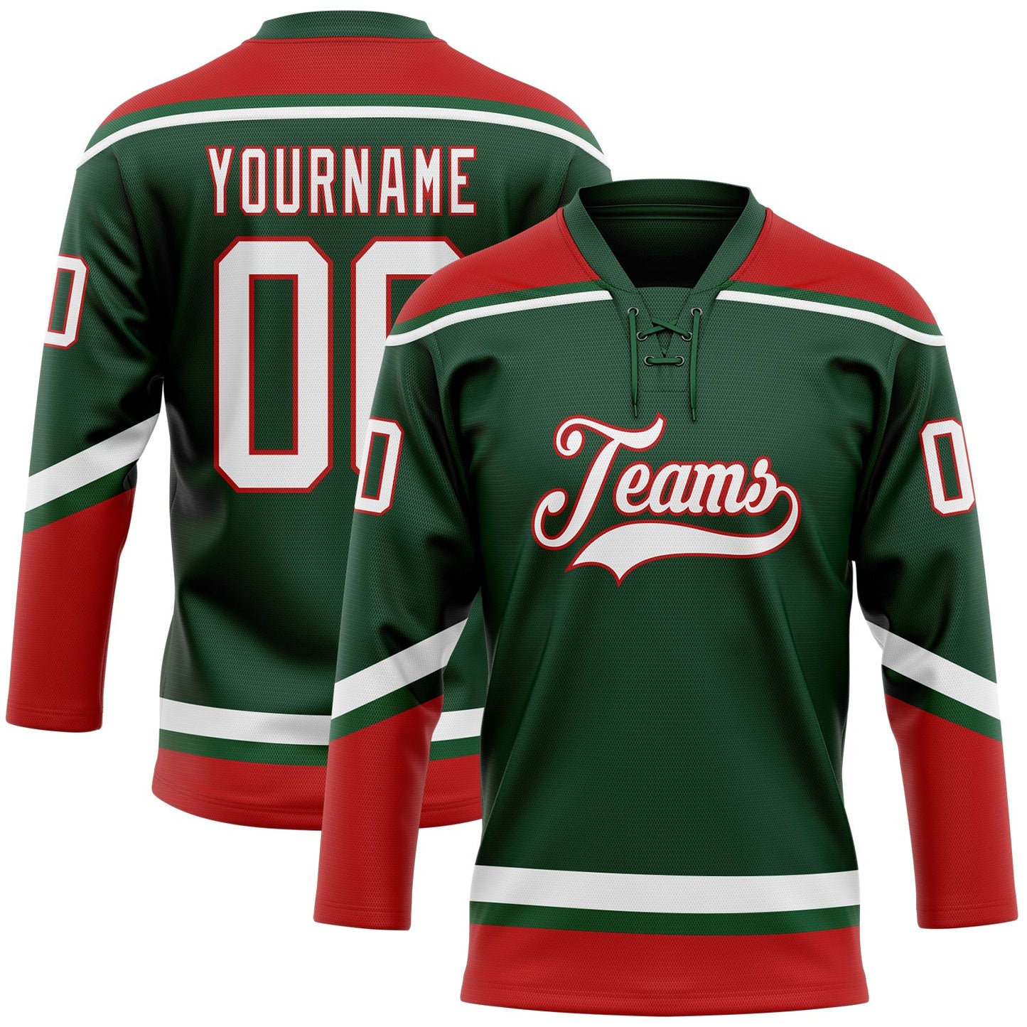 Custom Green White-Red Hockey Lace Neck Jersey - Main View