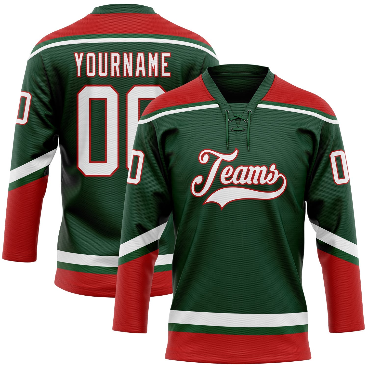 Custom Green White-Red Hockey Lace Neck Jersey - Main View