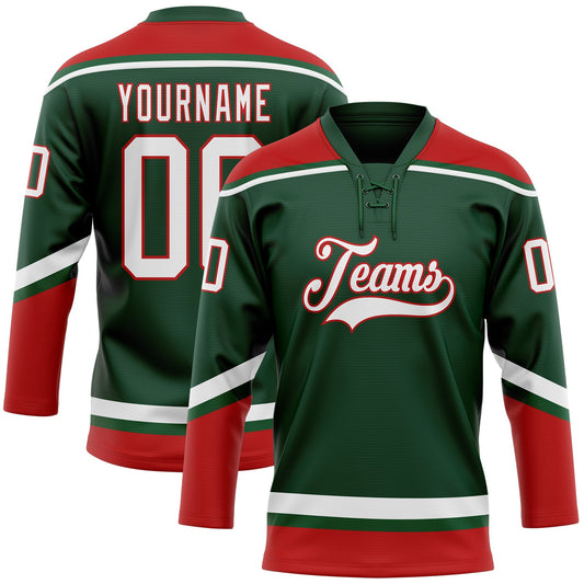 Custom Green White-Red Hockey Lace Neck Jersey - Main View