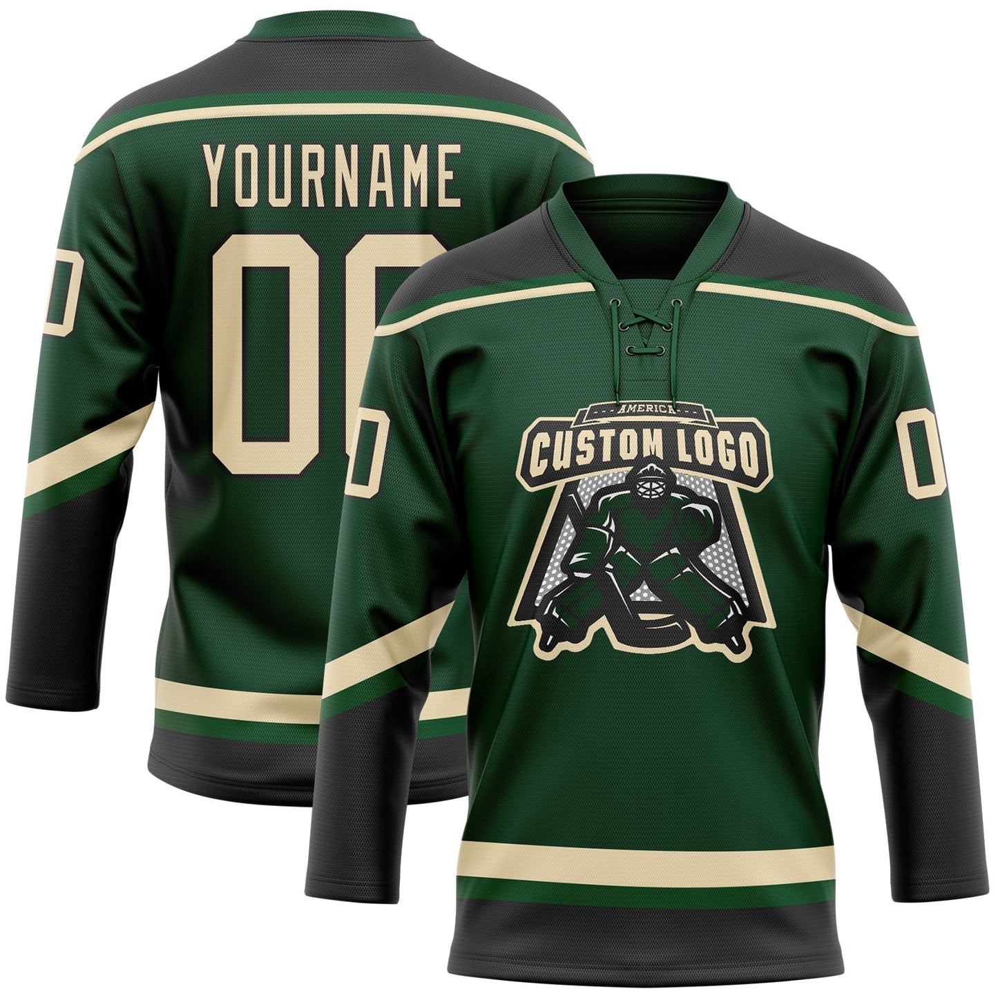 Custom Green City Cream-Black Hockey Lace Neck Jersey view 2