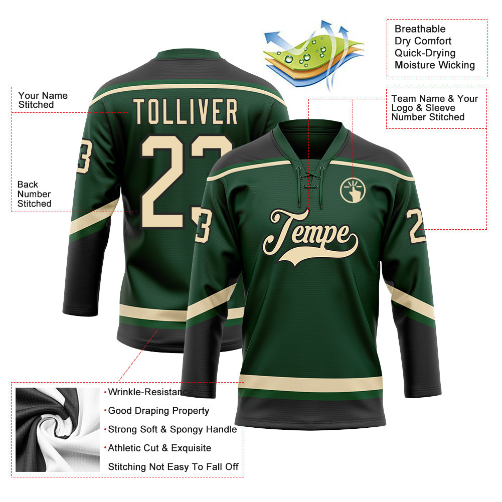 Custom Green City Cream-Black Hockey Lace Neck Jersey view 3