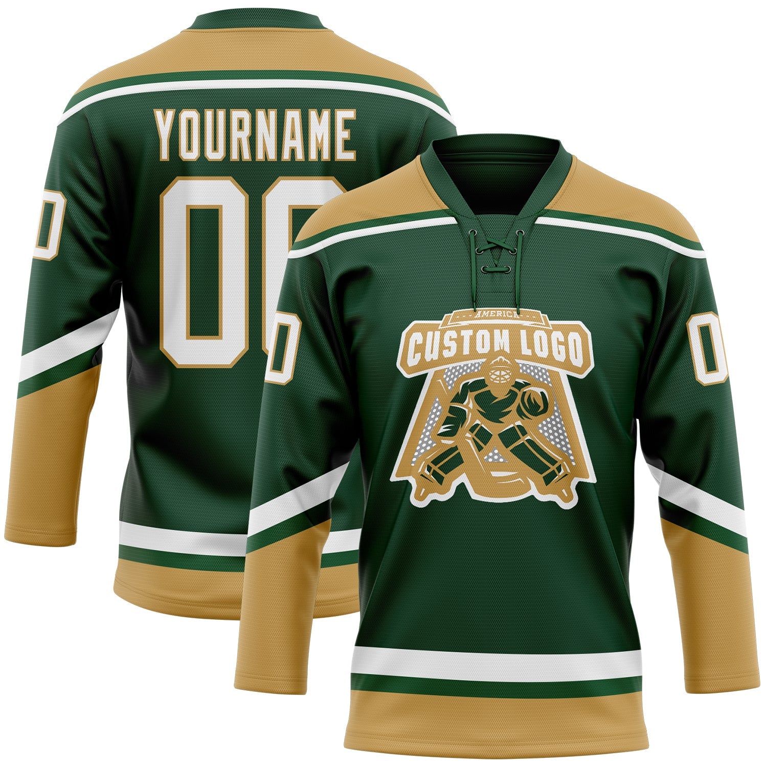 Custom Green White-Old Gold Hockey Lace Neck Jersey view 2