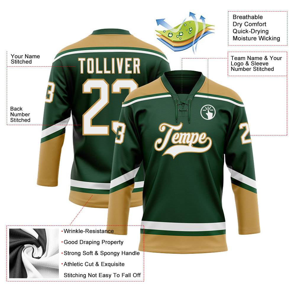 Custom Green White-Old Gold Hockey Lace Neck Jersey view 3