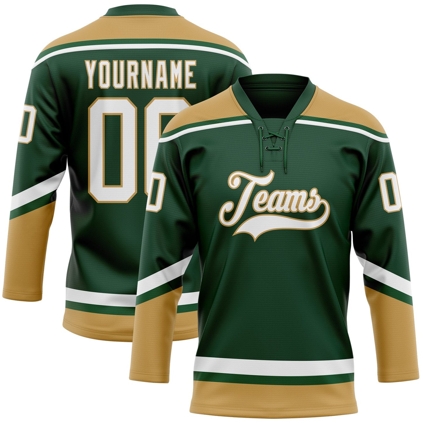 Custom Green White-Old Gold Hockey Lace Neck Jersey - Main View