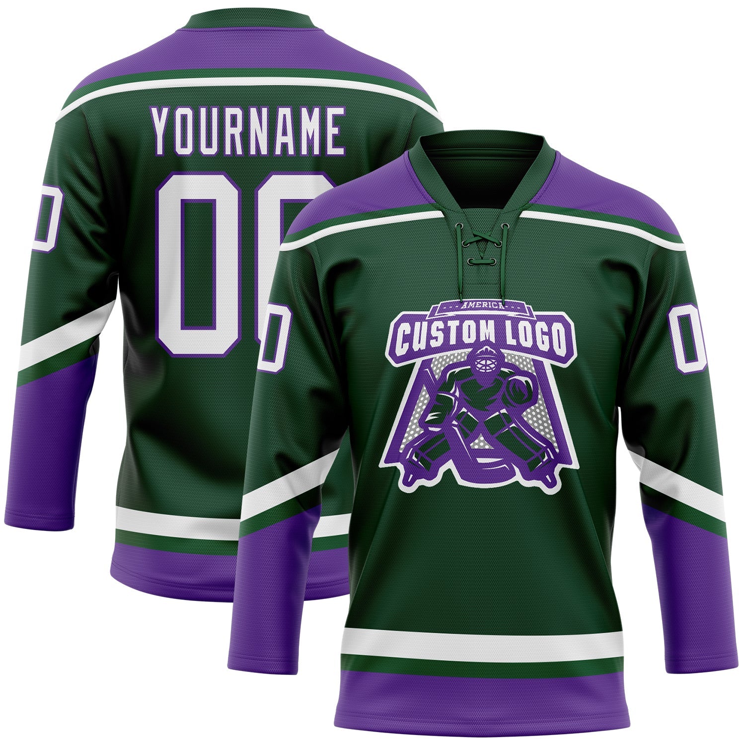 Custom Green White-Purple Hockey Lace Neck Jersey view 2
