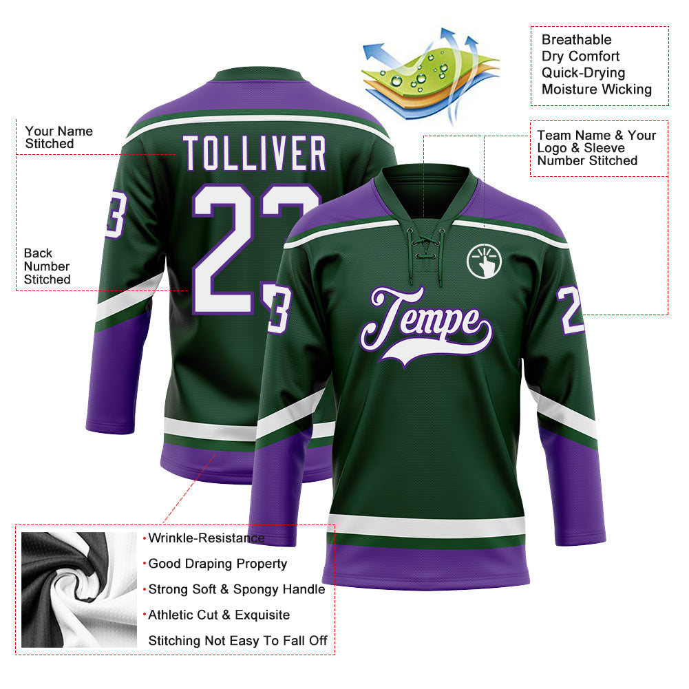 Custom Green White-Purple Hockey Lace Neck Jersey view 3