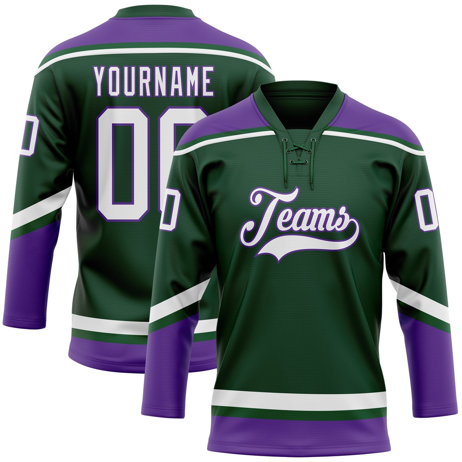 Custom Green White-Purple Hockey Lace Neck Jersey - Main View