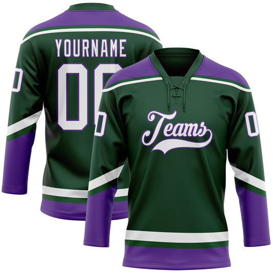 Custom Green White-Purple Hockey Lace Neck Jersey - Main View