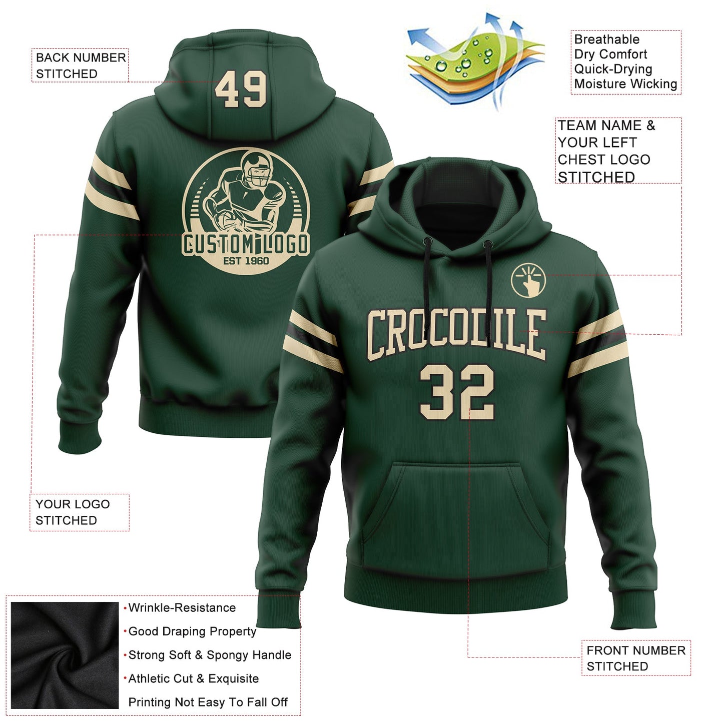 Custom Stitched Green City Cream-Black Football Pullover Sweatshirt Hoodie view 2