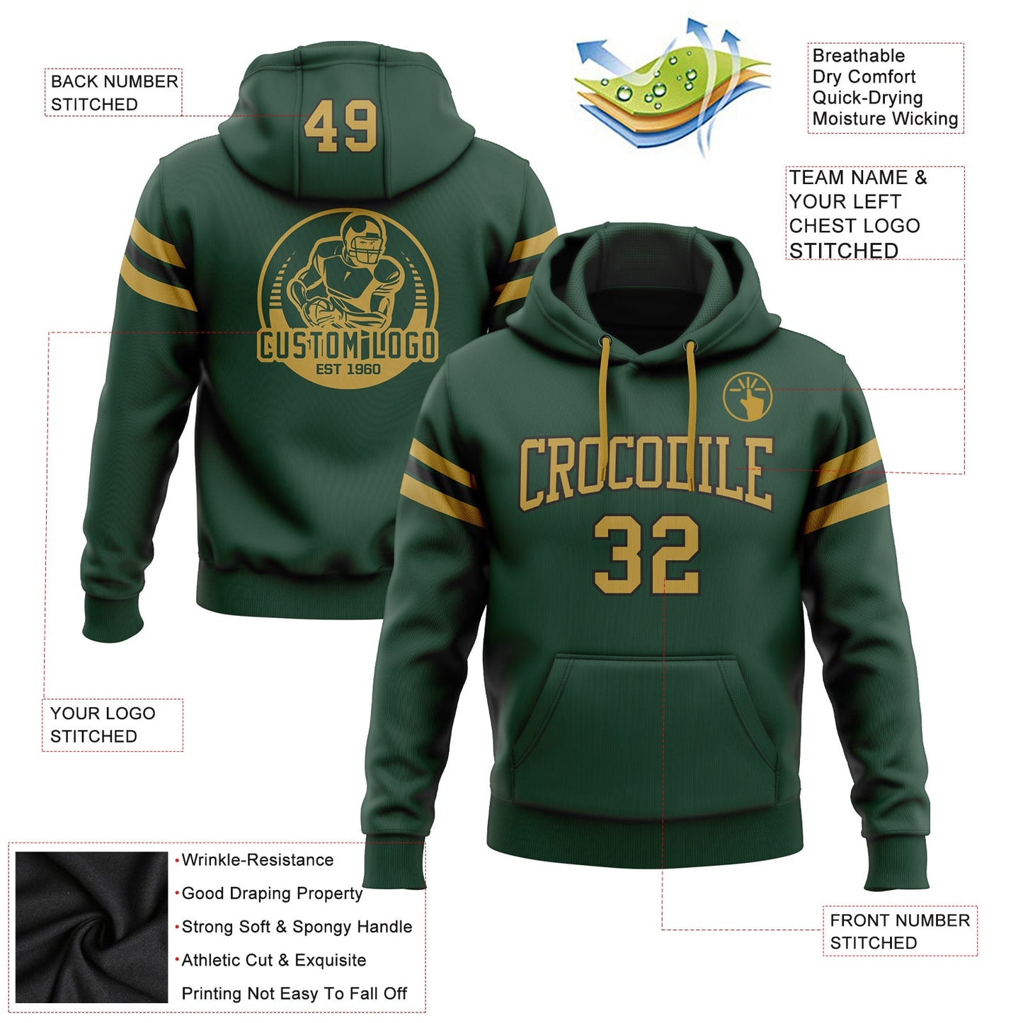 Custom Stitched Green Old Gold-Black Football Pullover Sweatshirt Hoodie view 2