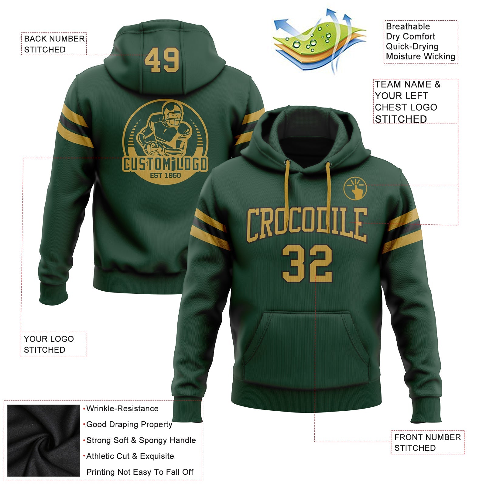 Custom Stitched Green Old Gold-Black Football Pullover Sweatshirt Hoodie view 2