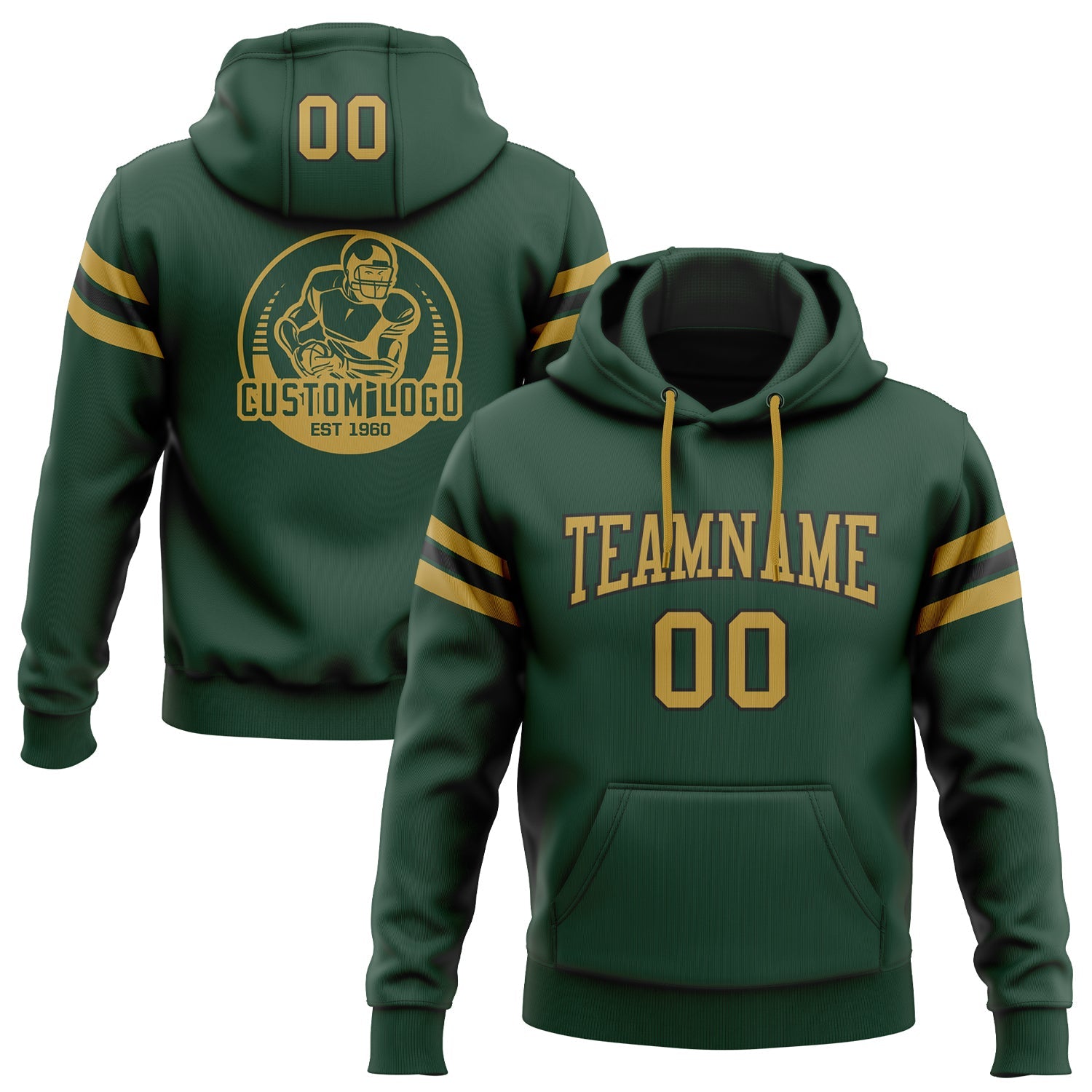 Custom Stitched Green Old Gold-Black Football Pullover Sweatshirt Hoodie - Main View